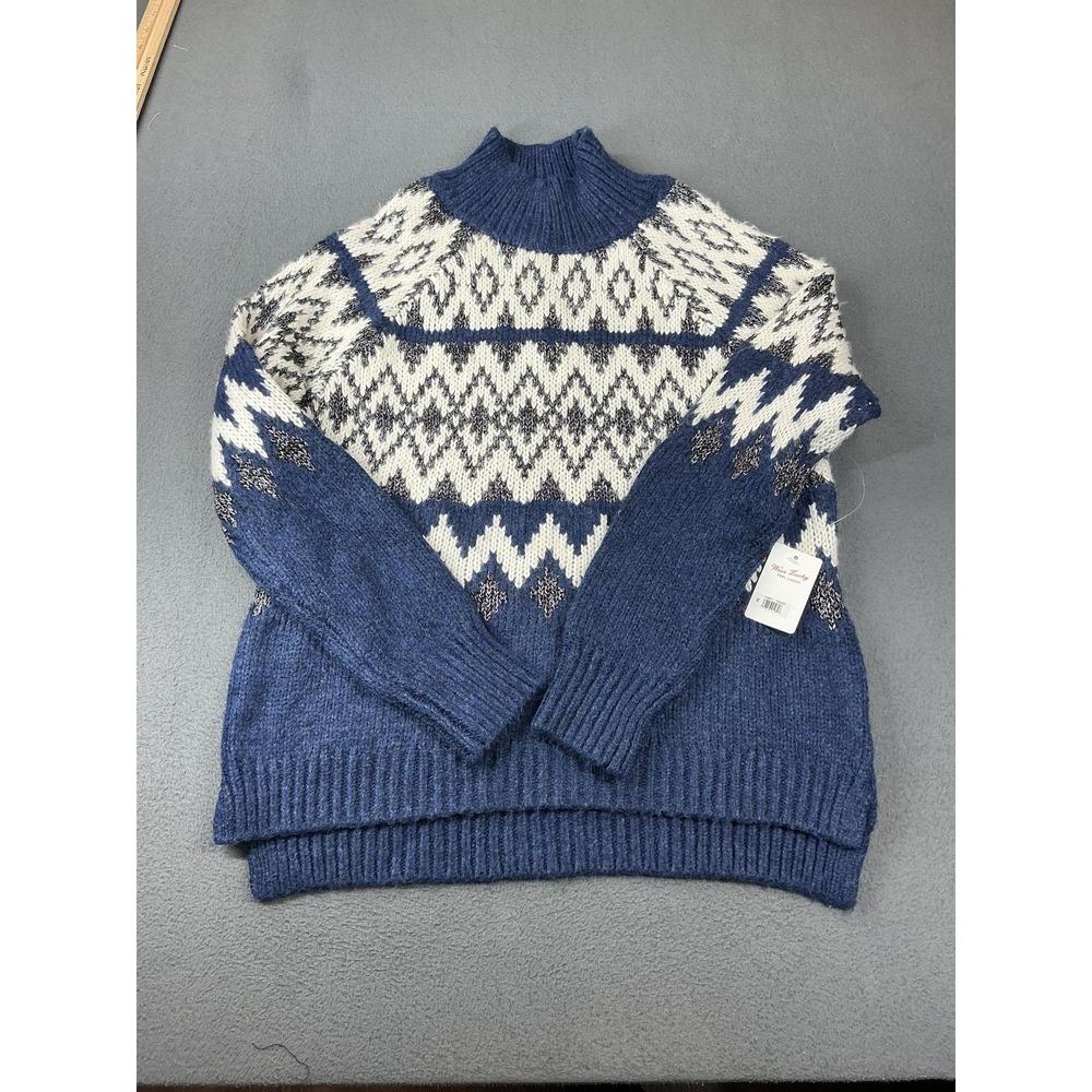 Lucky Brand Sweater Womens XS Blue Chunky-Knit Fair Isle Pullover Glitter